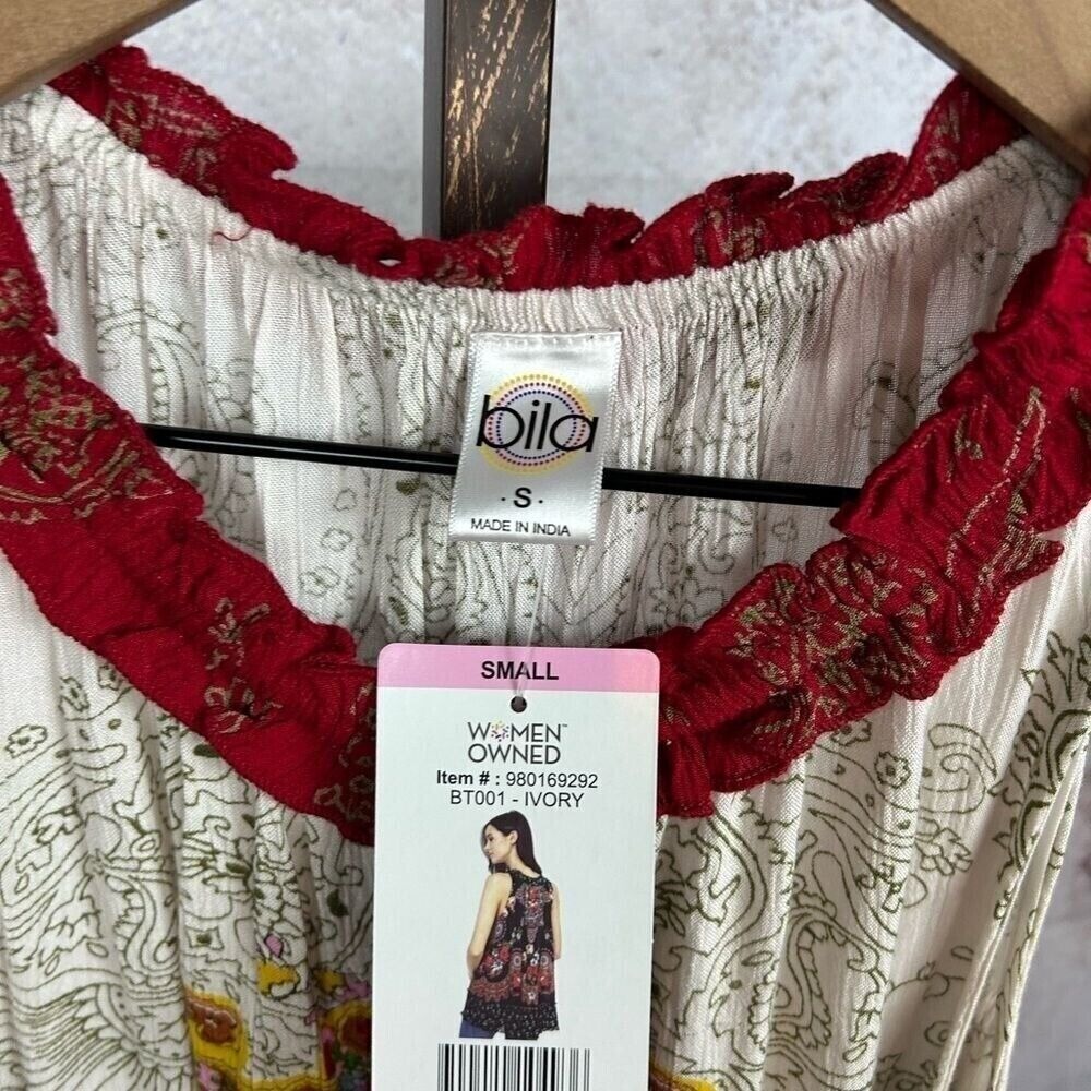 NWT BILA boho ruffled hem tank top size S hippie paisley tassel tie folk shirt ! - Picture 5 of 6